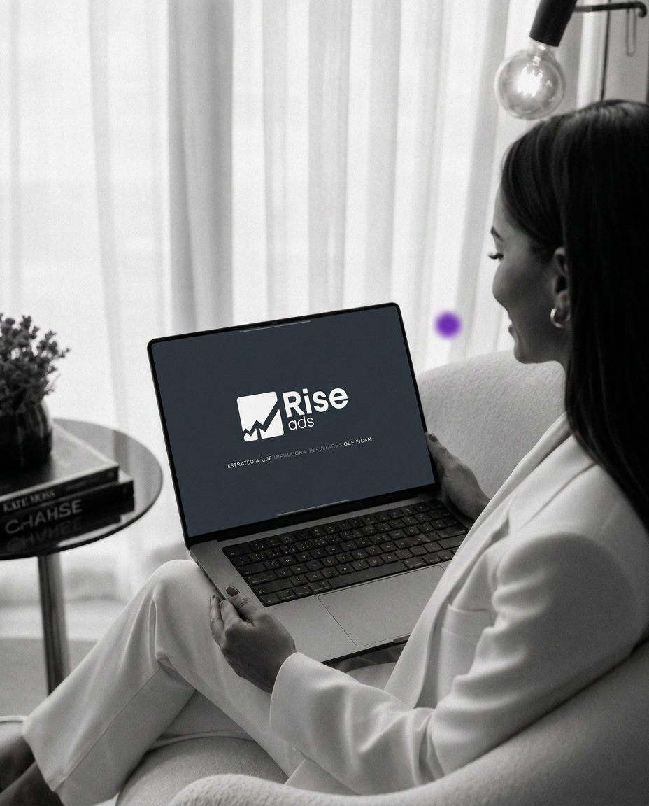 Cliente da Rise Ads sorrindo com o notebook exibindo a marca Rise Ads